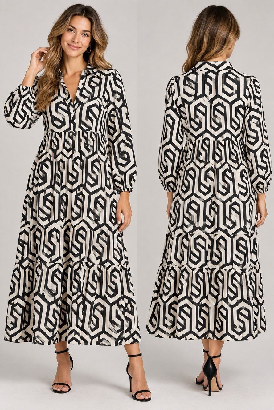 ZARA WOMENS XXL BLACK CREAM GEOMETRIC PRINT TIERED MAXI DRESS LONG SLEEVE